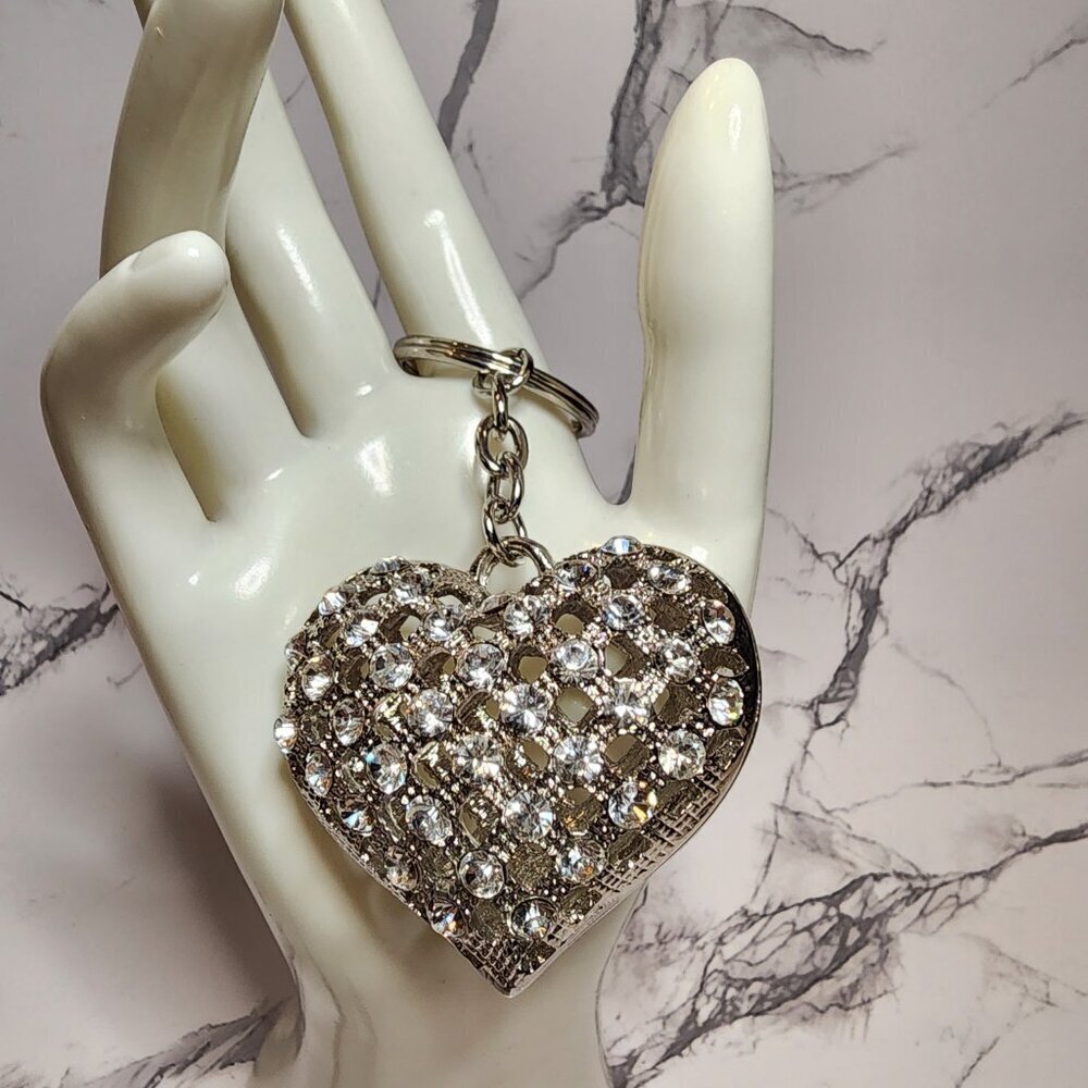 XL Rhinestone Puffy Silver Heart Keychain - Picture 2 of 6
